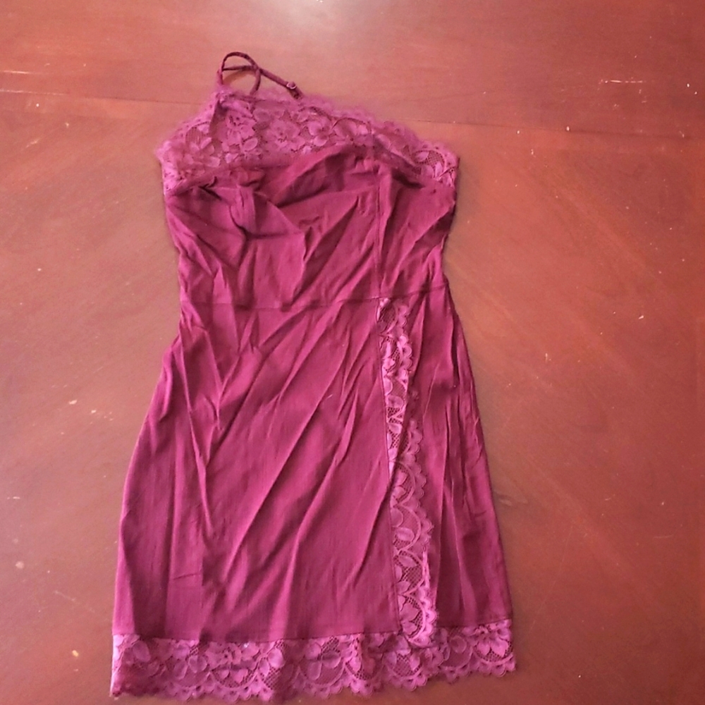 Free People wine colored one shoulder bodycon mini with lace detail